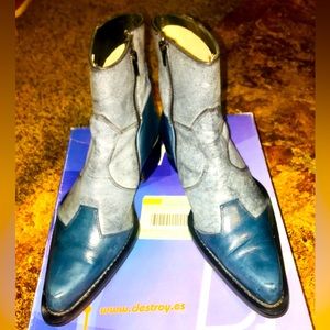 MENS SALVATORE 2 Tone Distressed Denim Blue Zippered BOOTS